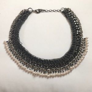 Woven Chain and Pearl Leather Bib Necklace